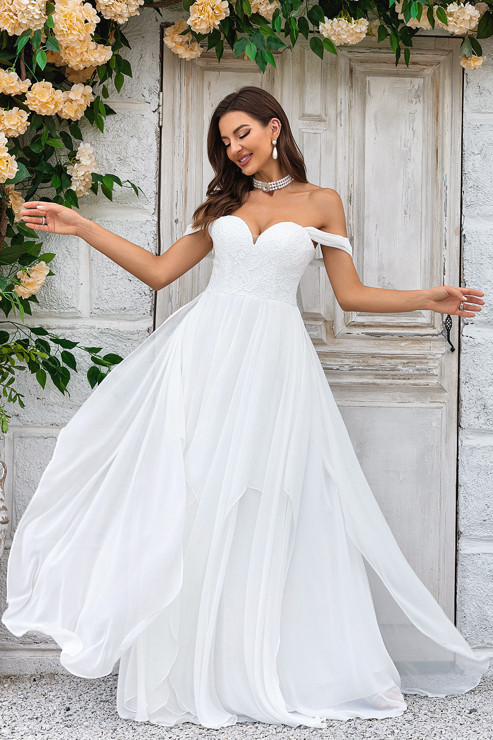 Zapaka Women Ivory Boho Chiffon Asymmetrical Wedding Dress with Lace Off The Shoulder Bridal Dress, Ivory / US22W Zapaka Women Ivory Boho Chiffon Asymmetrical Wedding Dress with Lace Off The Shoulder Bridal Dress, Ivory / US22W