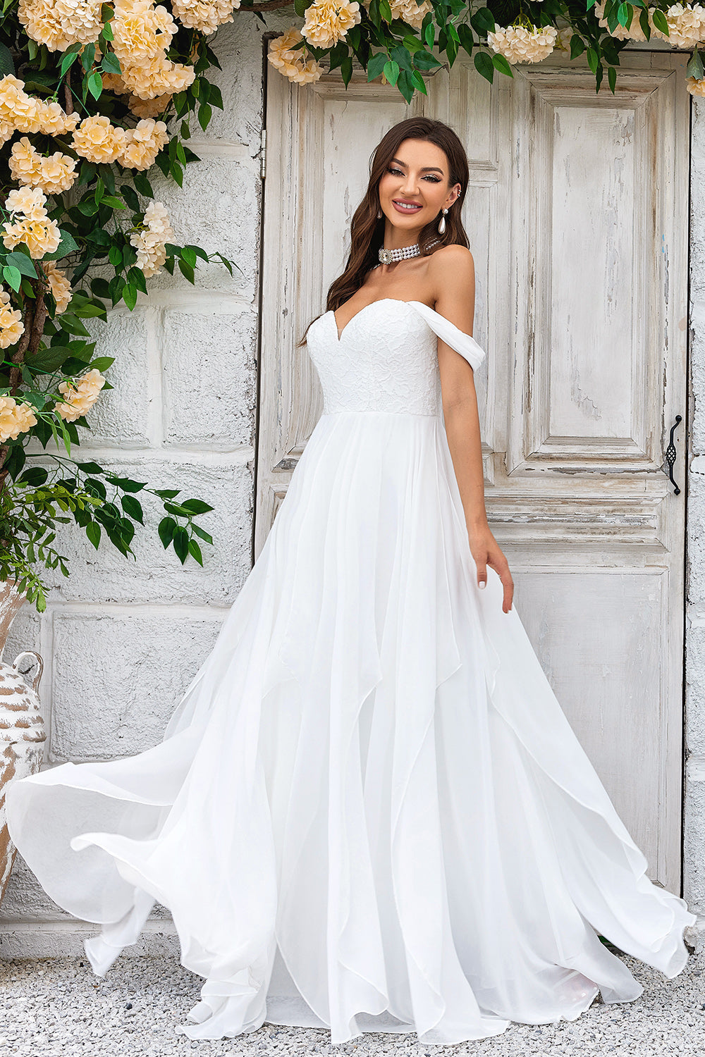 off white chiffon wedding dresses White Chiffon Lace A-line Spaghetti Straps Flowy Beach Wedding Dresses, MW756