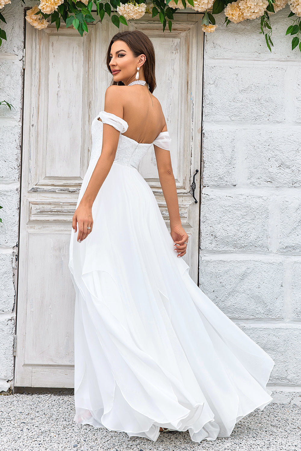Zapaka Women Ivory Boho Chiffon Asymmetrical Wedding Dress with Lace Off the Shoulder Bridal Dress, Ivory / US22W Zapaka Women Ivory Boho Chiffon Asymmetrical Wedding Dress with Lace Off the Shoulder Bridal Dress, Ivory / US22W