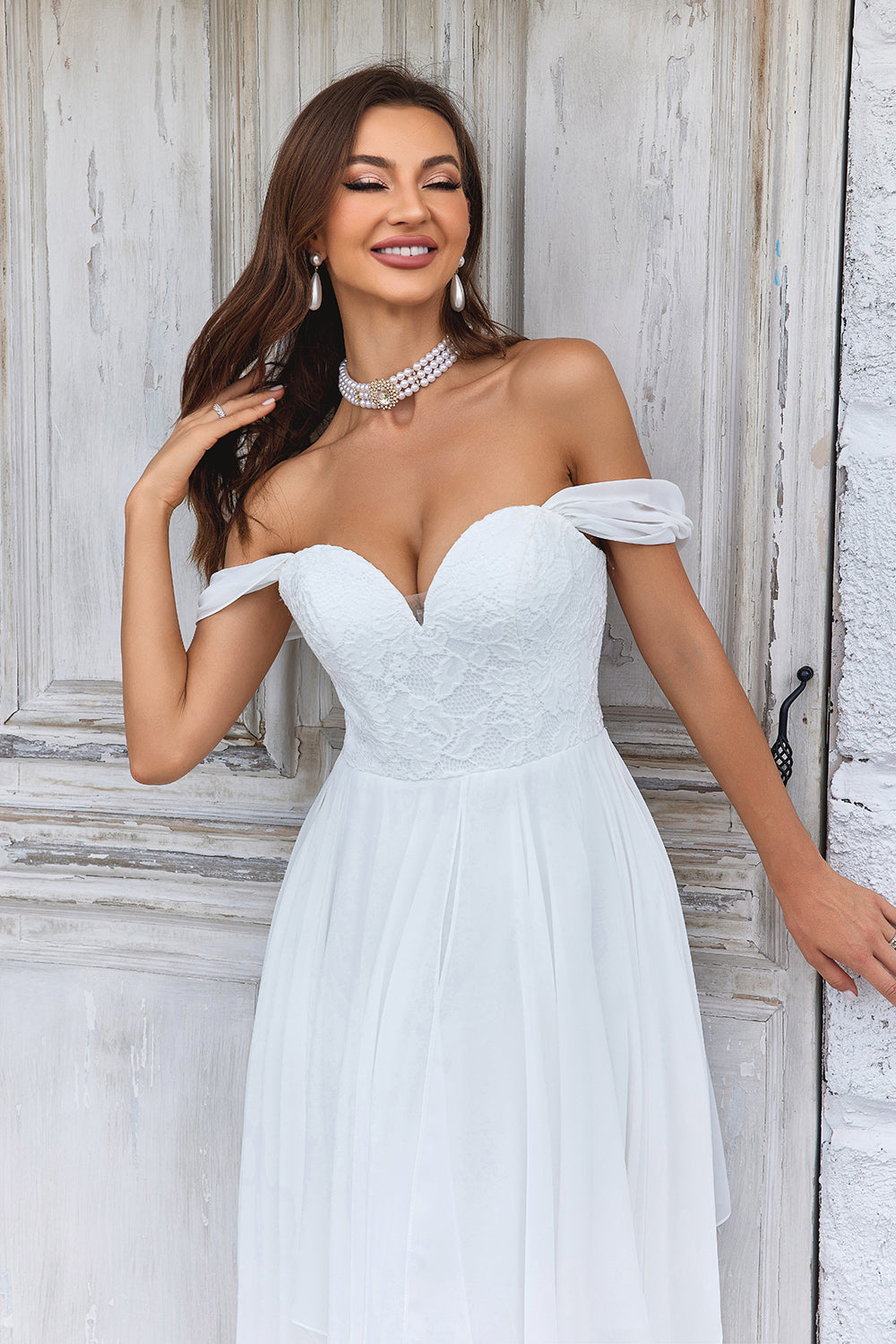 Zapaka Women Ivory Boho Chiffon Asymmetrical Wedding Dress with Lace Off the Shoulder Bridal Dress, Ivory / US22W Zapaka Women Ivory Boho Chiffon Asymmetrical Wedding Dress with Lace Off the Shoulder Bridal Dress, Ivory / US22W
