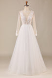A Line Deep V-Neck Ivory Tulle Sweep Train Wedding Dress with Lace