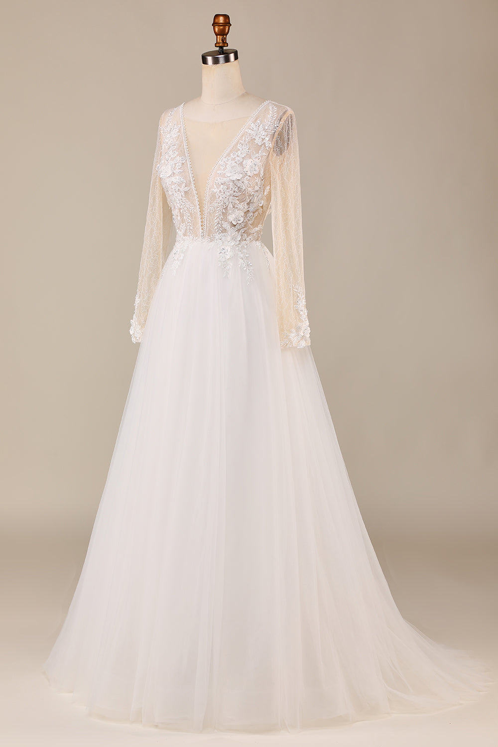 A Line Deep V-Neck Ivory Tulle Sweep Train Wedding Dress with Lace