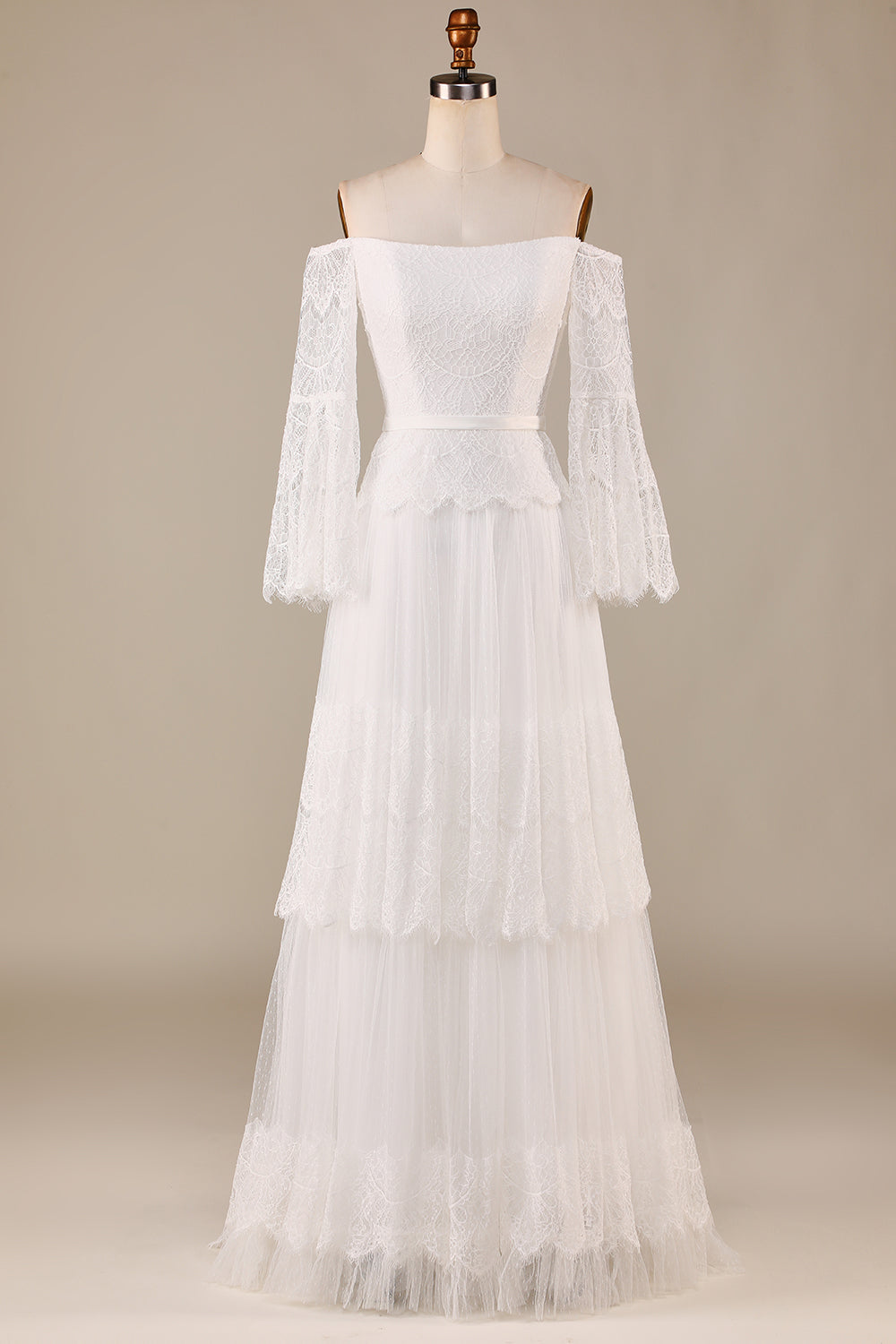 A Line Off the Shoulder Ivory Sweep Train Flare Sleeves Wedding Dress