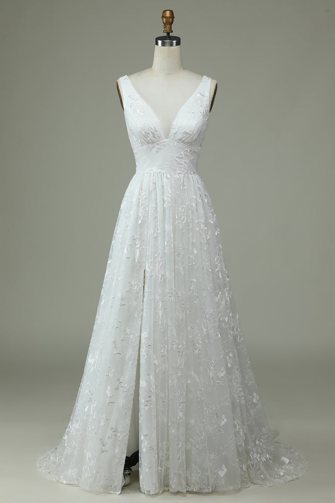 Ivory V-Neck Wedding Dress, High Slits