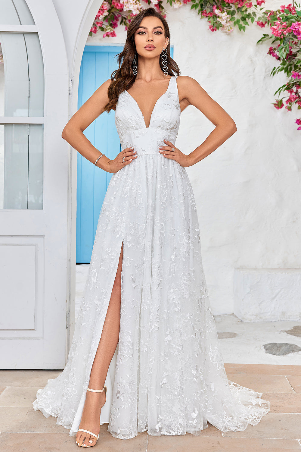 Zapaka Women Ivory Lace Wedding Dress with Slit V-Neck A-Line Sweep Train Bridal Dress ZAPAKA Zapaka Women Ivory Lace Wedding Dress with Slit V-Neck A-Line Sweep Train Bridal Dress ZAPAKA