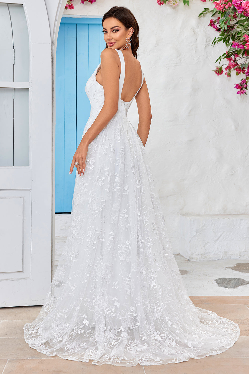Zapaka Women Ivory Lace Wedding Dress with Slit V-Neck A-Line Sweep Train Bridal Dress, Ivory / US22W Zapaka Women Ivory Lace Wedding Dress with Slit V-Neck A-Line Sweep Train Bridal Dress, Ivory / US22W