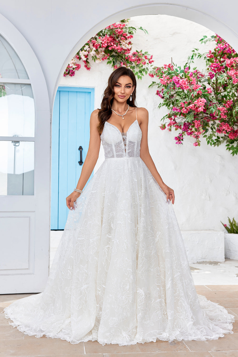 Zapaka Women Sparkly Apricot Sweep Train Lace Wedding Dress Spaghetti Straps Backless Bridal Dress ZAPAKA Zapaka Women Sparkly Apricot Sweep Train Lace Wedding Dress Spaghetti Straps Backless Bridal Dress ZAPAKA