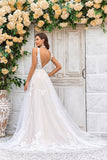 Gorgeous A Line Deep V Neck Champagne Tulle Wedding Dress with Lace