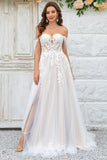 Champagne Tulle Detachable Off the Shoulder Wedding Dress with Lace