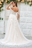Champagne Tulle Detachable Off the Shoulder Wedding Dress with Lace