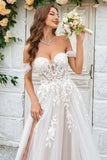 Champagne Tulle Detachable Off the Shoulder Wedding Dress with Lace