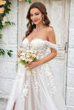 Beauty A Line Off the Shoulder Champagne Tulle Detachable Wedding Dress with Lace