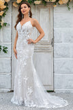 Charming Mermaid Spaghetti Straps Ivory Long Bridal Dress with Lace