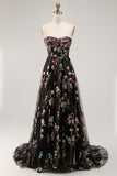 Strapless Black Floral A Line Long Prom Dress