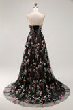Strapless Black Floral A Line Long Prom Dress