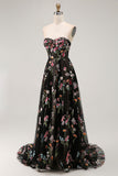 Strapless Black Floral A Line Long Prom Dress