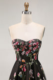 Strapless Black Floral A Line Long Prom Dress