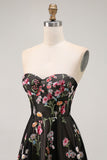 Strapless Black Floral A Line Long Prom Dress