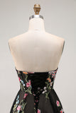 Strapless Black Floral A Line Long Prom Dress