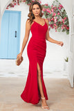 Mermaid Spaghetti Straps Burgundy Long Bridesmaid Dress with Silt