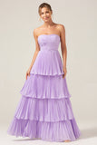 A-Line Sweetheart Tiered Chiffon Long Lilac Bridesmaid Dress with Pleated