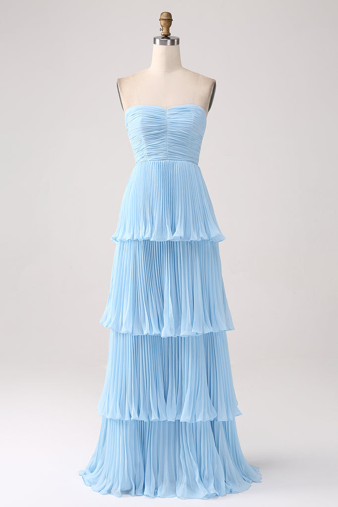 Strapless Blue Pleated Bridesmaid Dress with Slit
