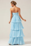 Strapless Sky Blue Sweetheart Long Bridesmaid Dress with Pleated