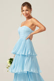 Sky Blue Sweetheart Pleated Tiered Long Bridesmaid Dress