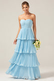 Strapless Sky Blue Sweetheart Long Bridesmaid Dress with Pleated