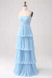 Strapless Sky Blue Sweetheart Long Bridesmaid Dress with Pleated