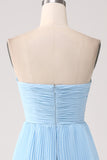 Strapless Sky Blue Sweetheart Long Bridesmaid Dress with Pleated
