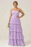 Strapless Sky Blue Sweetheart Long Bridesmaid Dress with Pleated