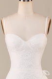 Sheath Spaghetti Straps Ivory Lace Asymmetrical Detachable Train Boho Wedding Dress