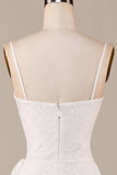 Sheath Spaghetti Straps Ivory Lace Asymmetrical Detachable Train Boho Wedding Dress
