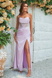 Mermaid Spaghetti Straps Lilac Corset Bridesmaid Dress with Slit