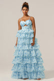 Blue A-Line Spaghetti Straps Cut Out Tiered Long Bridesmaid Dress