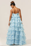 Blue A-Line Spaghetti Straps Cut Out Tiered Long Bridesmaid Dress