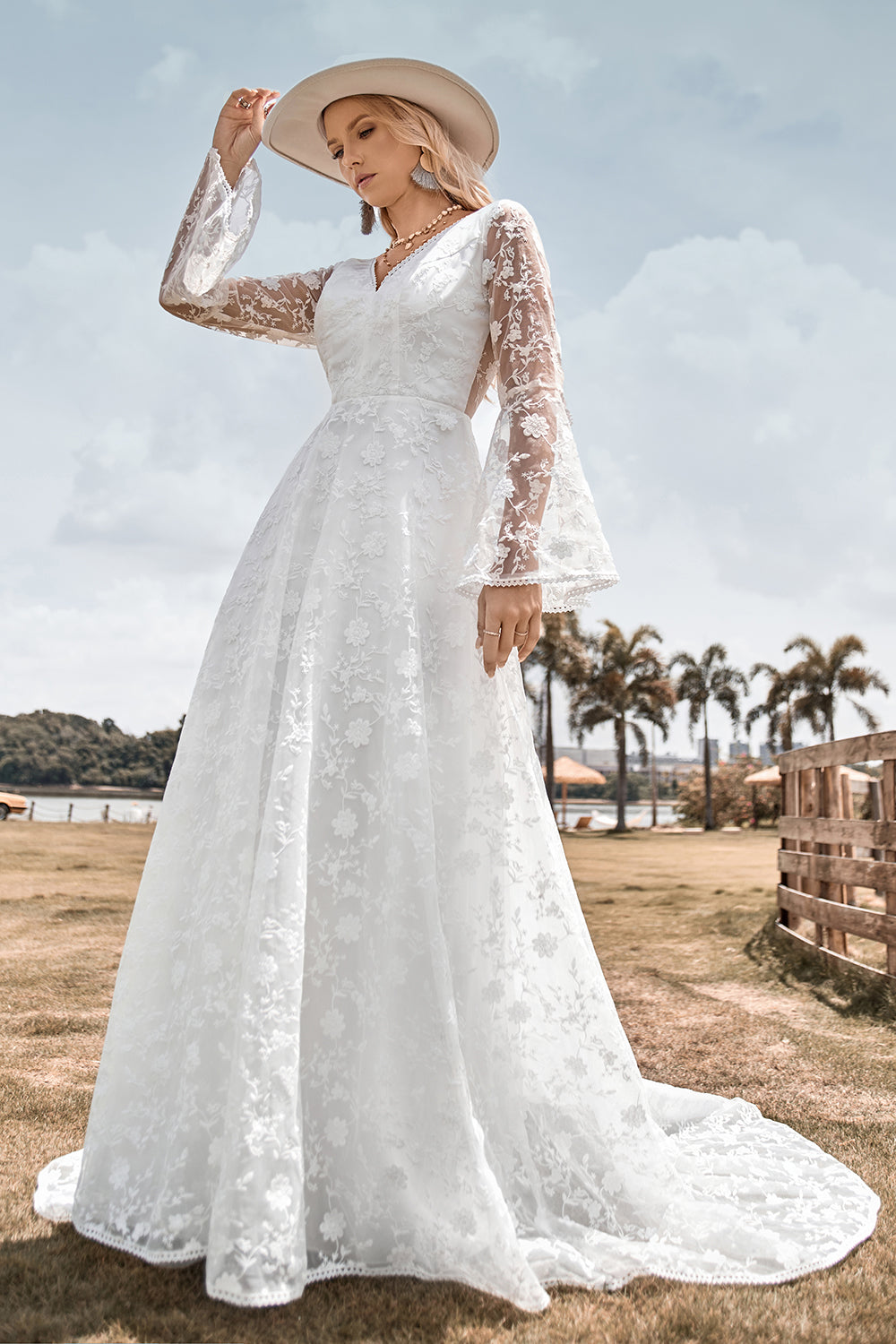 Zapaka Women Ivory Lace Flare Sleeves A-Line Wedding Dress V-Neck Sweep Train Bridal Dress, Ivory / US16 Zapaka Women Ivory Lace Flare Sleeves A-Line Wedding Dress V-Neck Sweep Train Bridal Dress, Ivory / US16