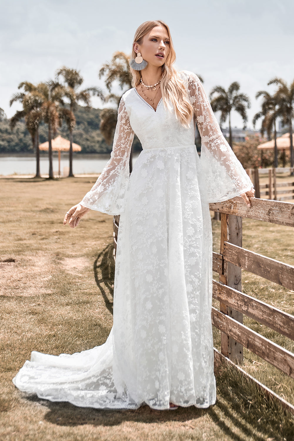 Zapaka Women Ivory Lace Flare Sleeves A-Line Wedding Dress V-Neck Sweep Train Bridal Dress, Ivory / US16 Zapaka Women Ivory Lace Flare Sleeves A-Line Wedding Dress V-Neck Sweep Train Bridal Dress, Ivory / US16
