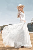 Beauty A Line V Neck Ivory Lace Flare Sleeves Wedding Dress