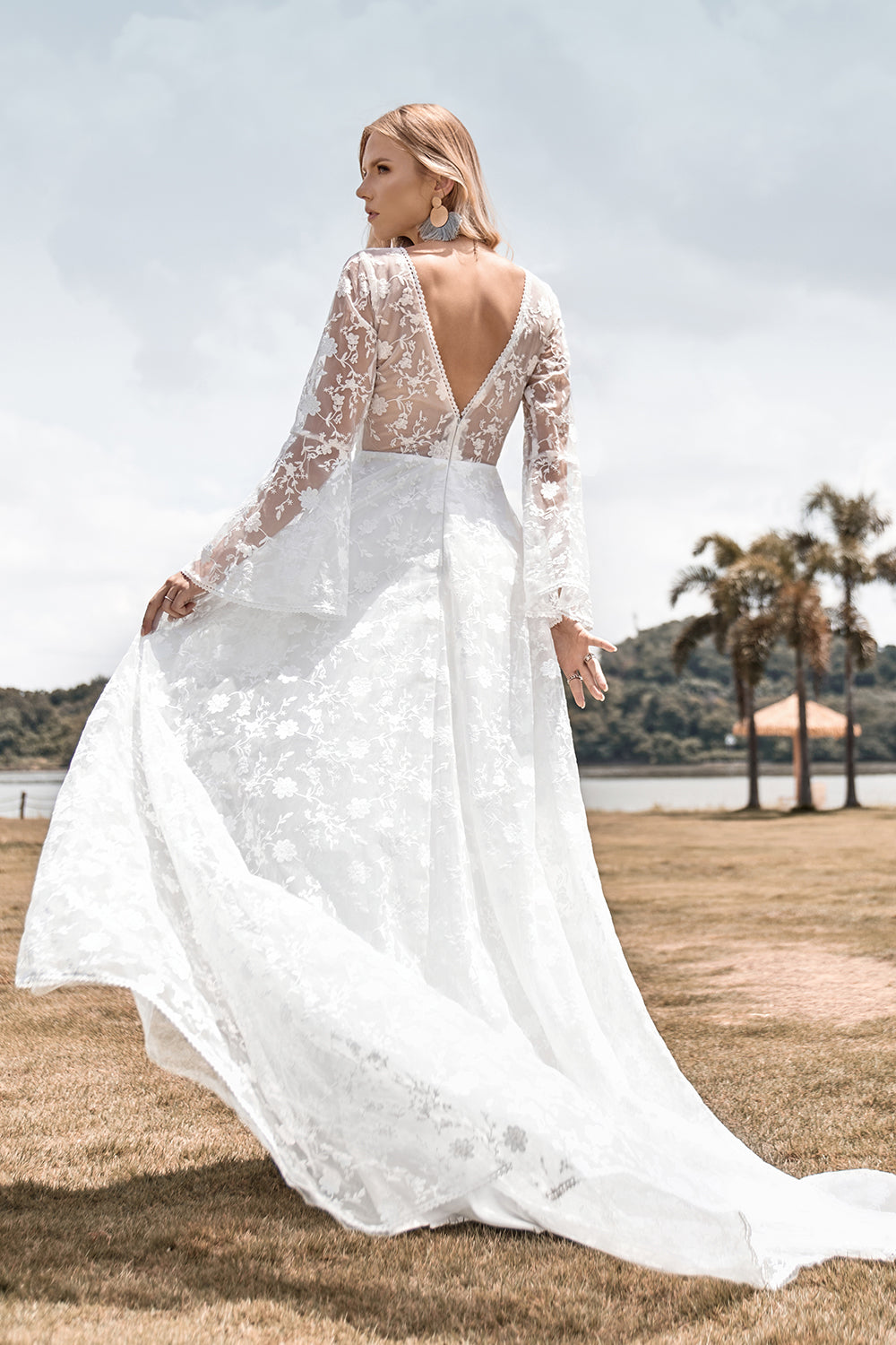 Zapaka Women Ivory Lace Flare Sleeves A-Line Wedding Dress V-Neck Sweep Train Bridal Dress, Ivory / US16 Zapaka Women Ivory Lace Flare Sleeves A-Line Wedding Dress V-Neck Sweep Train Bridal Dress, Ivory / US16
