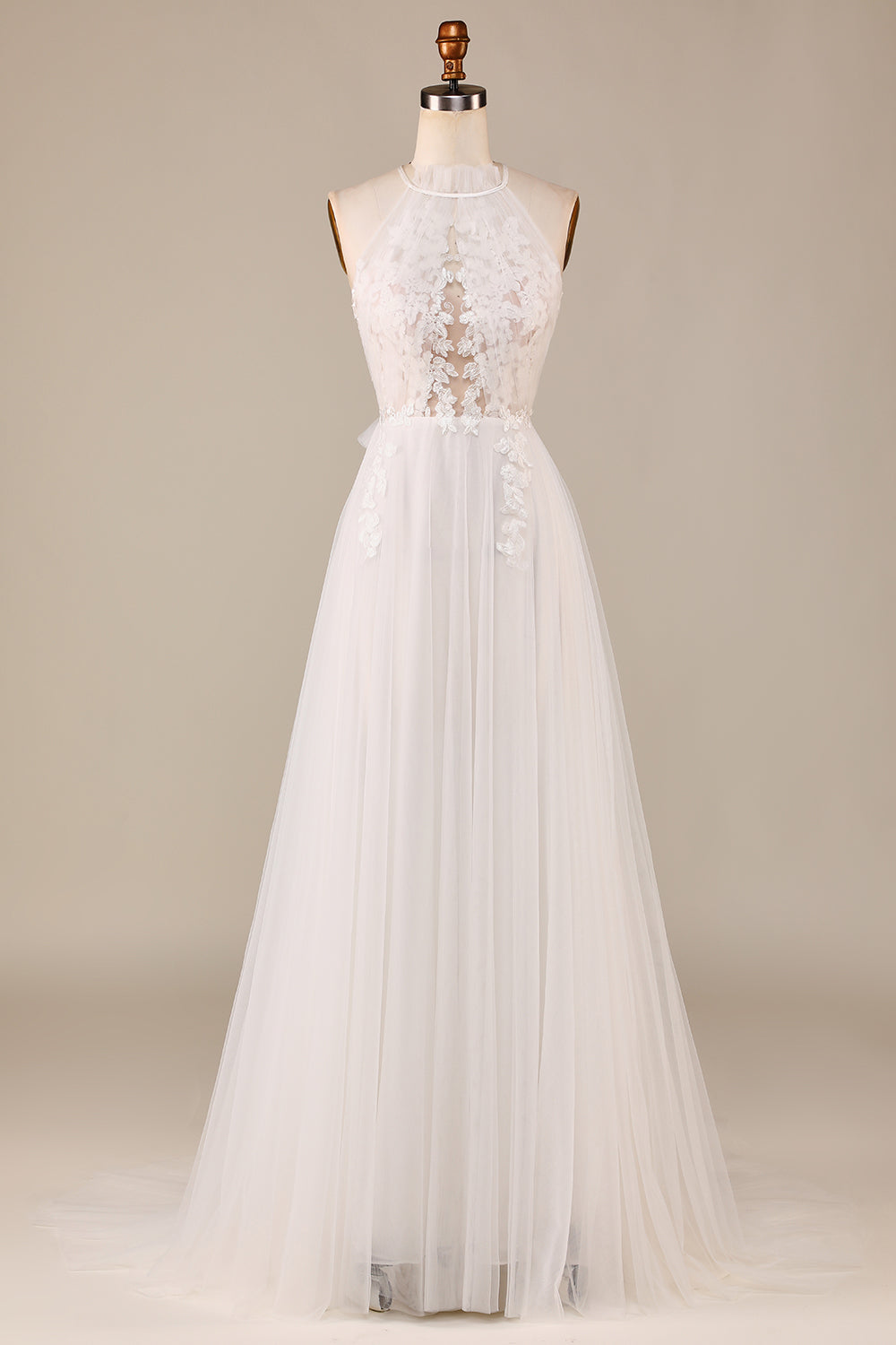 Charming A Line Halter Neck Ivory Open Back Tulle Sweep Train Wedding Dress with Lace