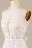 Charming A Line Halter Neck Ivory Open Back Tulle Sweep Train Wedding Dress with Lace