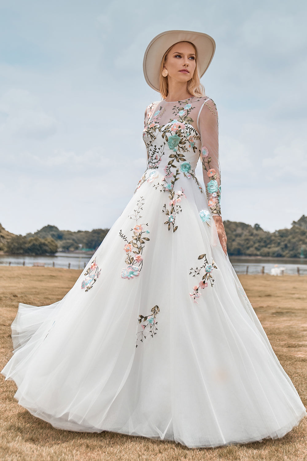 Zapaka Women Ivory Long Wedding Dress with Embroidery Tulle Long Sleeves Bridal Dress, Ivory / US16W Zapaka Women Ivory Long Wedding Dress with Embroidery Tulle Long Sleeves Bridal Dress, Ivory / US16W