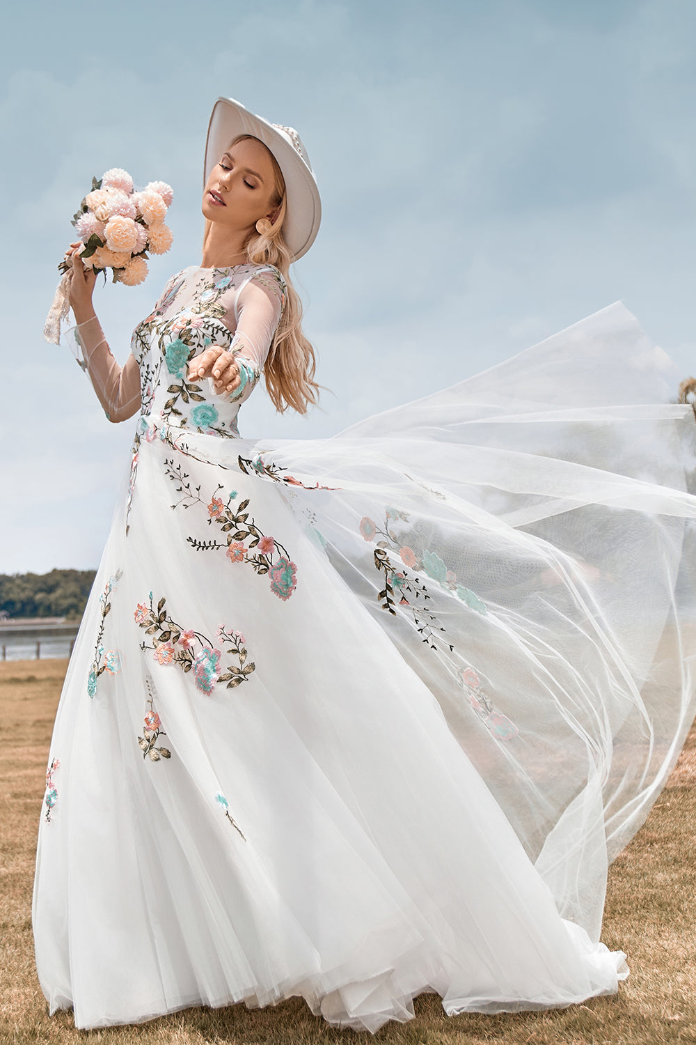 ZAPAKA Women Ivory Long Wedding Dress with Embroidery Tulle Long Sleeves Bridal Dress, Ivory / US8 ZAPAKA Women Ivory Long Wedding Dress with Embroidery Tulle Long Sleeves Bridal Dress, Ivory / US8