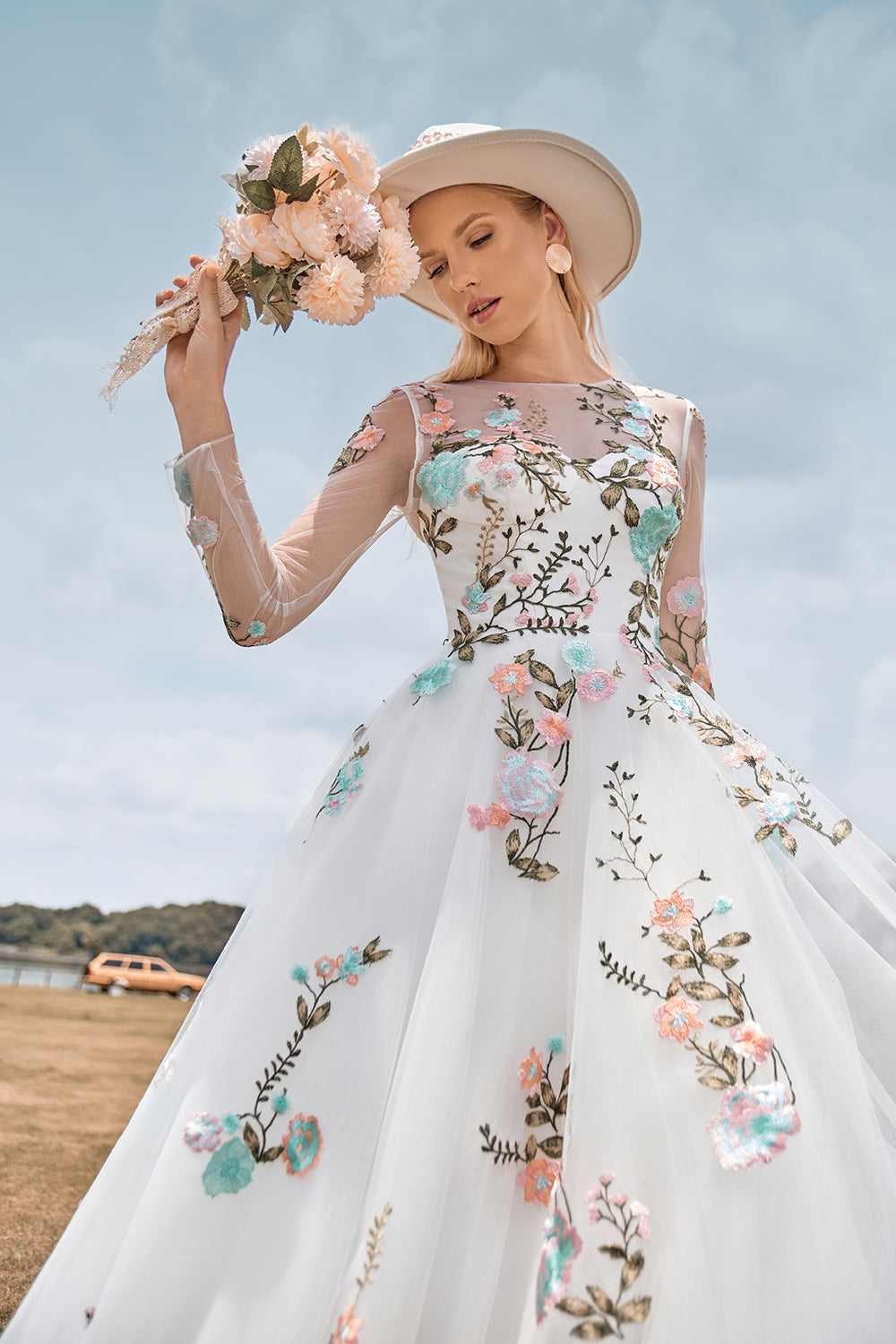Floral Embroidery Square Neckline Floor-Length A-Line Velvet Evening Dress