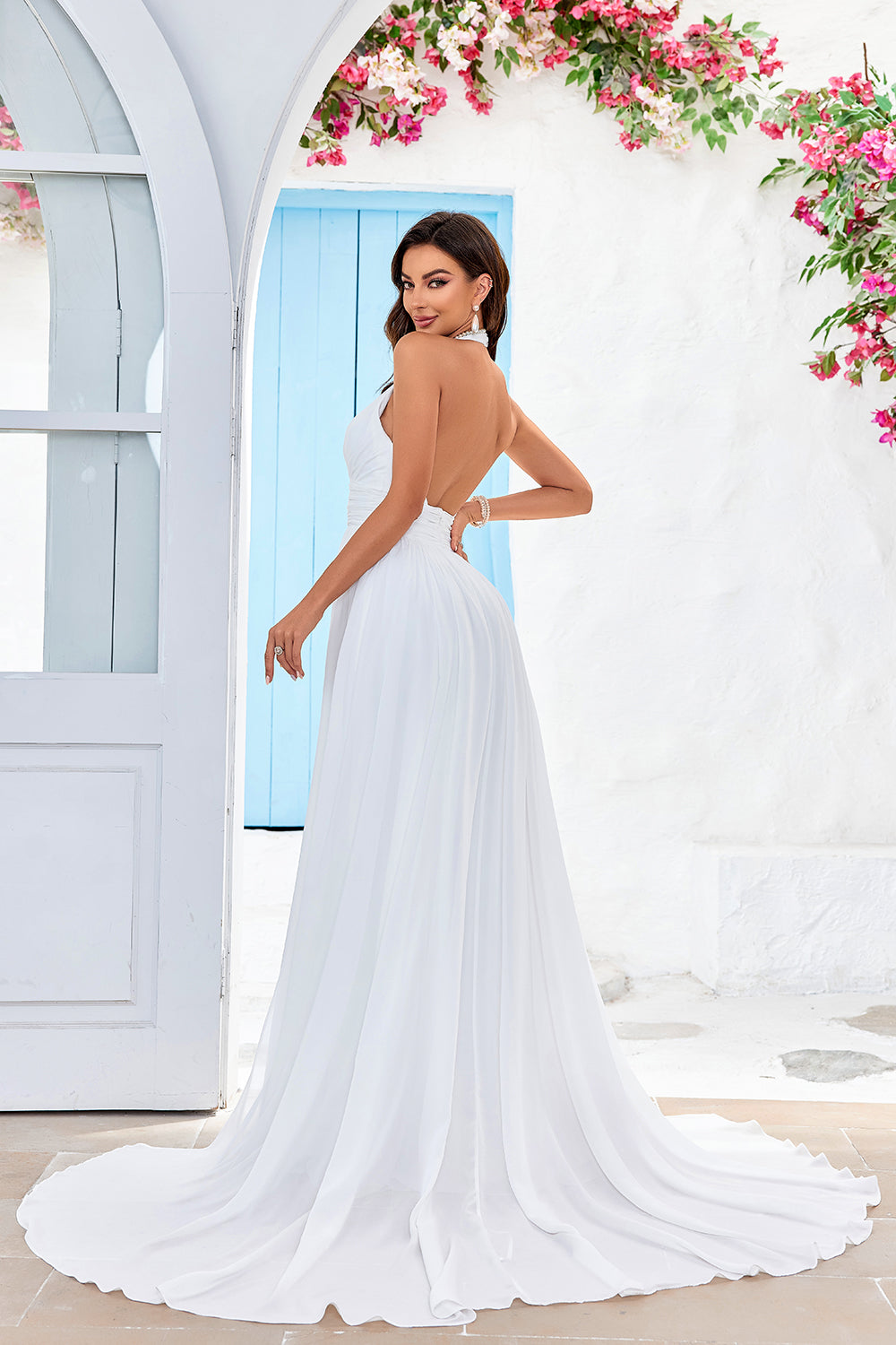 ZAPAKA Women Ivory Sweep Train Long Wedding Dress with Slit A-Line Halter Bridal Dress, Ivory / US20W ZAPAKA Women Ivory Sweep Train Long Wedding Dress with Slit A-Line Halter Bridal Dress, Ivory / US20W