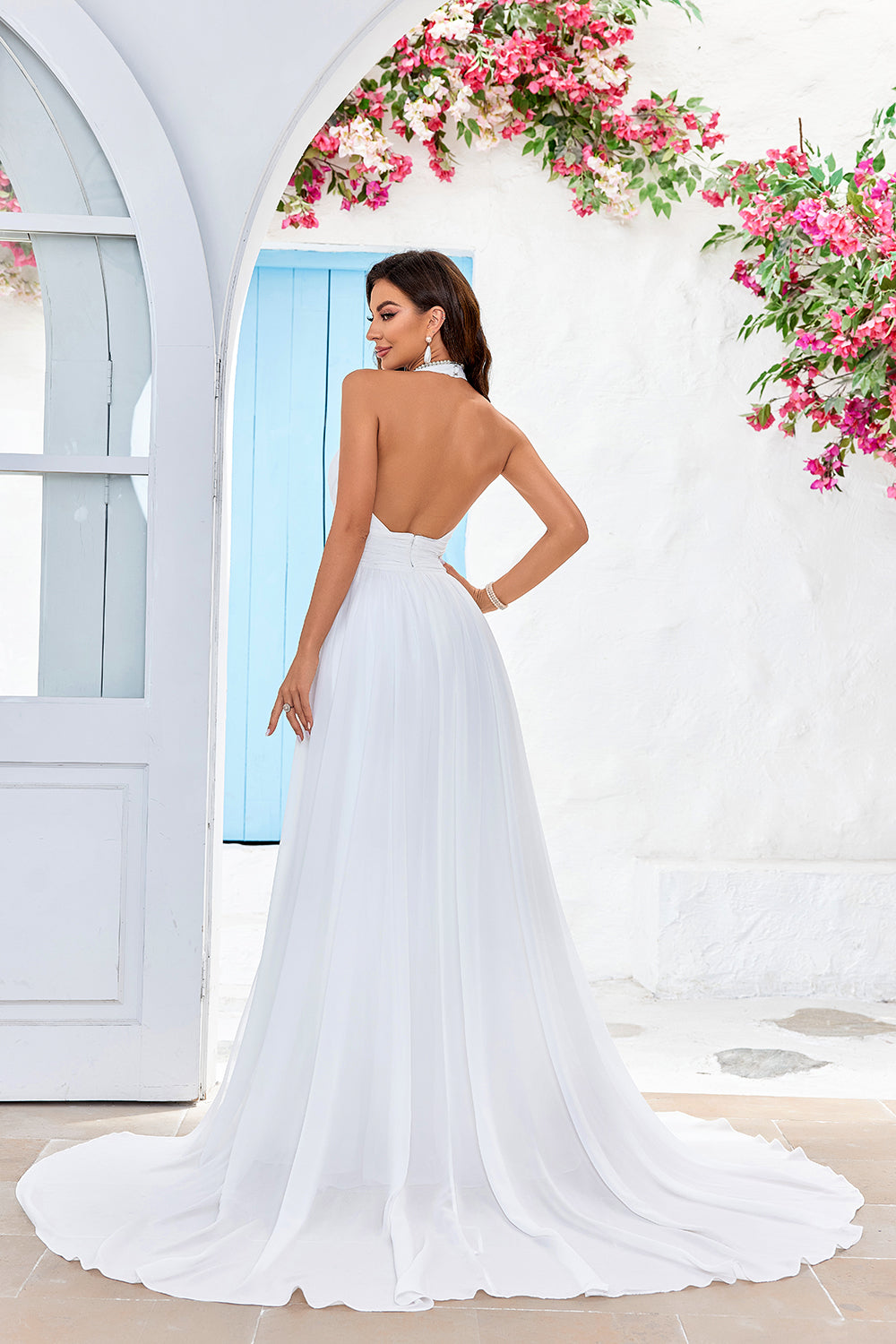 ZAPAKA Women Ivory Sweep Train Long Wedding Dress with Slit A-Line Halter Bridal Dress, Ivory / US20W ZAPAKA Women Ivory Sweep Train Long Wedding Dress with Slit A-Line Halter Bridal Dress, Ivory / US20W