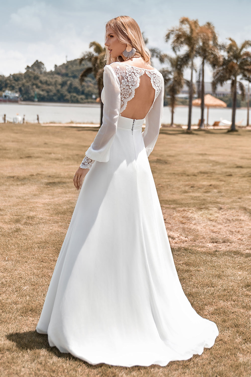 Ivory Boho Simple Sheath Long Sleeves Wedding Dress with Lace