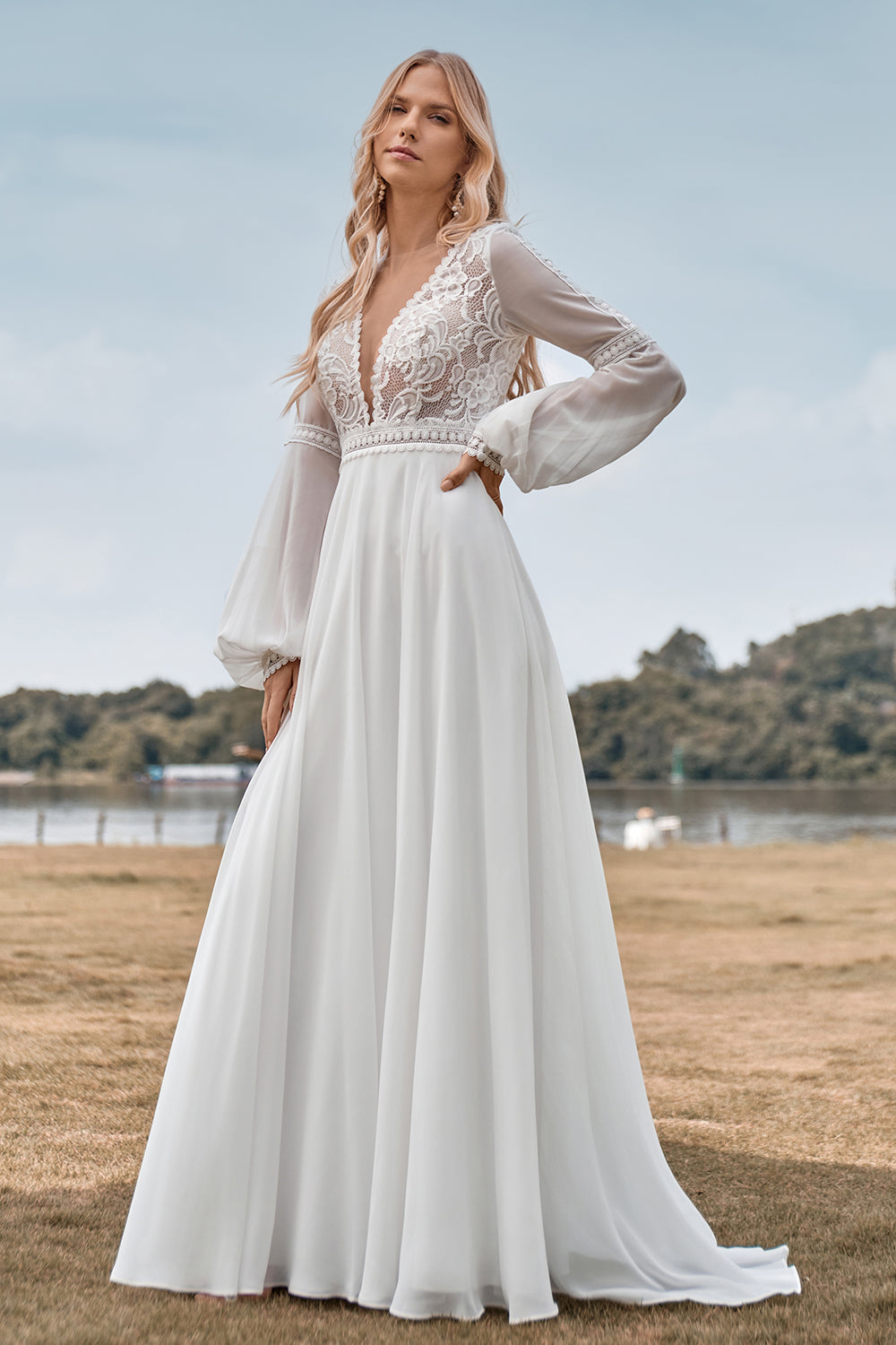 Long Sleeves Ivory A Line Wedding Dress with Lace
